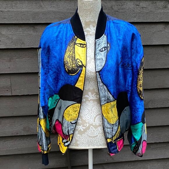 Vtg 90s Exclusively Misook OS Picasso graphic satin bomber jacket wearable art - Picture 3 of 12